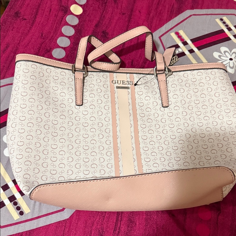 GUESS Pink and White Tote Bag